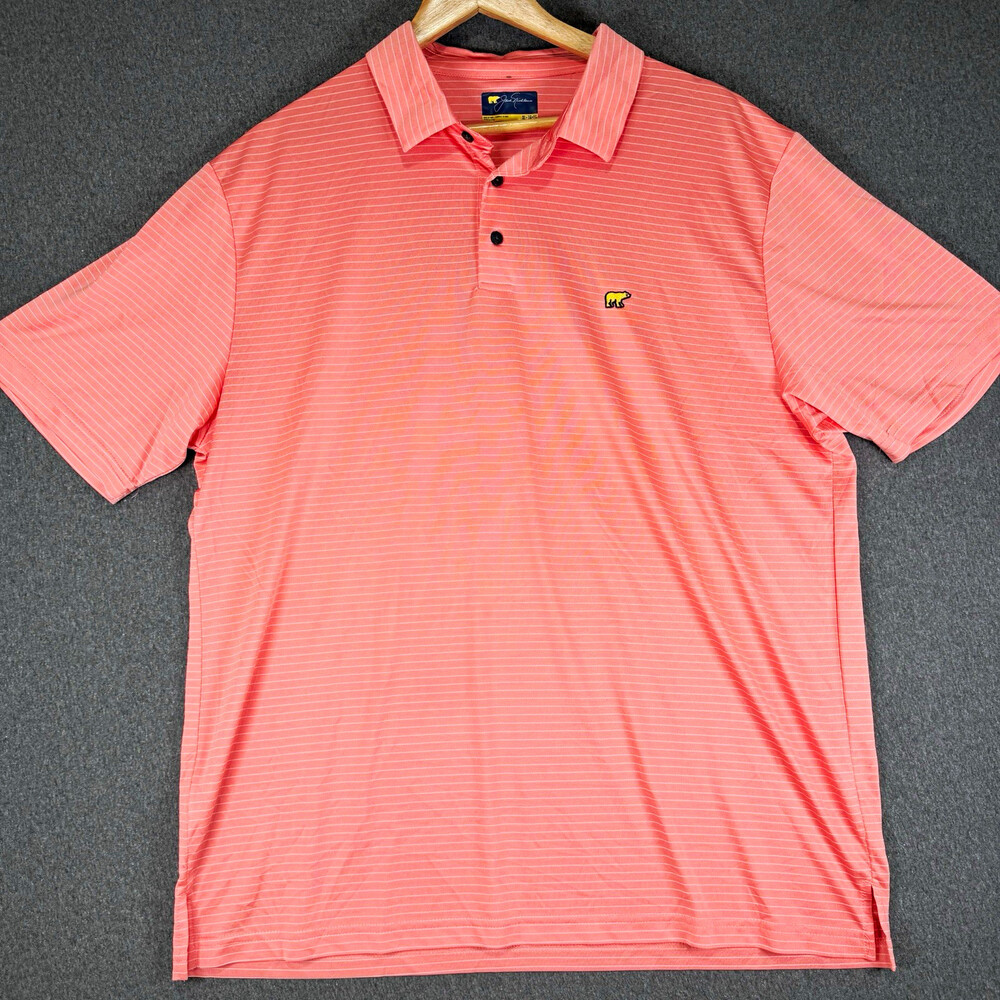 Jack Nicklaus Mens XL Coral Pink Striped Golf Polo Golden Bear Short Sleeve
